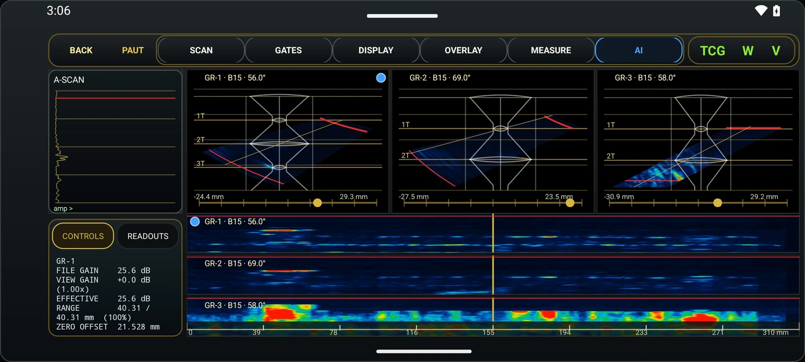 Android PAUT viewer displaying A-scan, three S-scans and three B-scans from an example weld scan